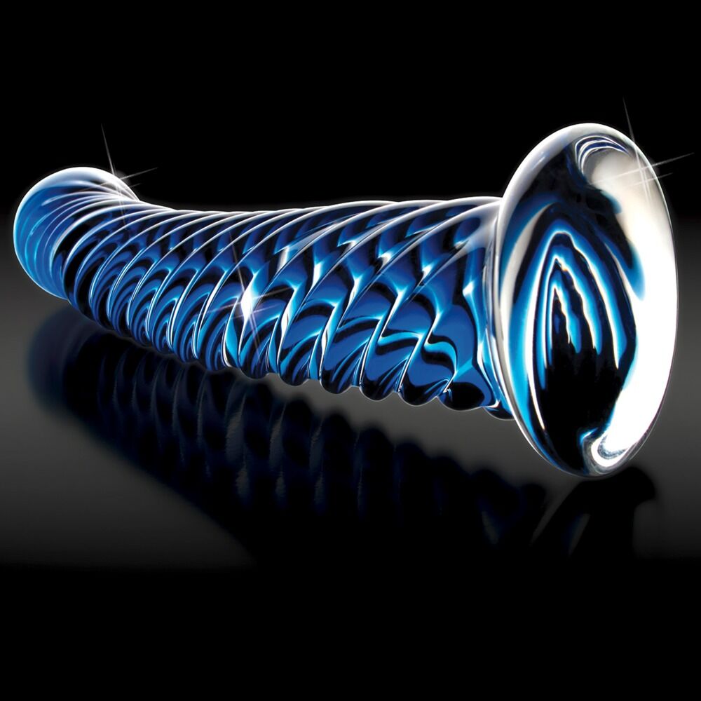 Håndlaget glassdildo, Icicles No.29, med blått spiralmønster og glatt, avrundet tupp.
