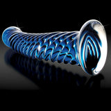 Håndlaget glassdildo, Icicles No.29, med blått spiralmønster og glatt, avrundet tupp.