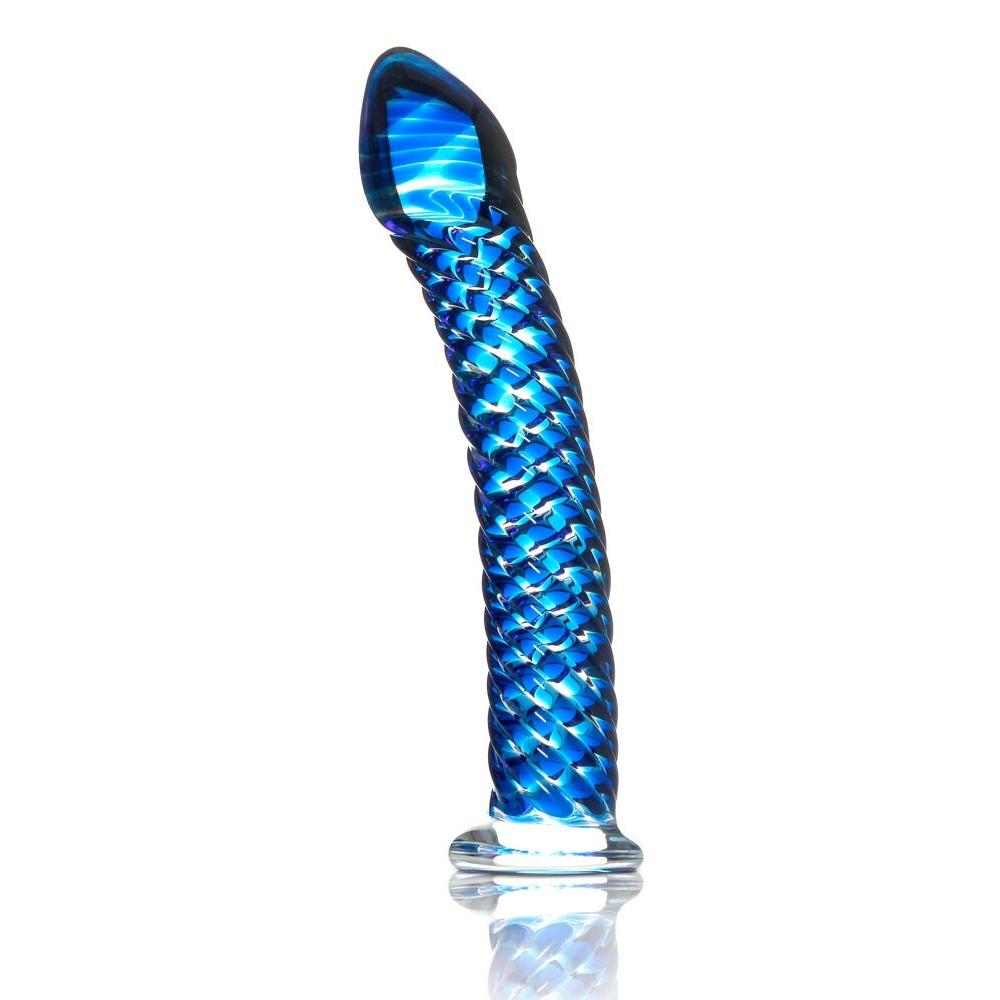 Håndlaget blå glassdildo med skjellmønster og buet form, ideell for temperaturlek.