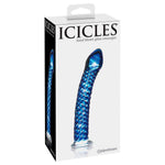 Blå, håndblåst glassdildo med strukturert overflate og buet design, vist i hvit eske.