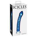Blå, håndblåst glassdildo med strukturert overflate og buet design, vist i hvit eske.