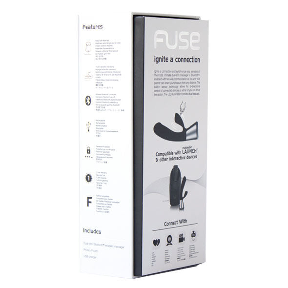 Kiiroo Fuse interaktiv app-vibrator i hvit og grå emballasje med produktbilder og funksjonsliste.