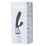 Hvit eske med Kiiroo Fuse interaktiv app rabbit vibrator, som viser en svart og sølv silikon massasjeapparat.