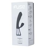 Hvit eske med Kiiroo Fuse interaktiv app rabbit vibrator, som viser en svart og sølv silikon massasjeapparat.