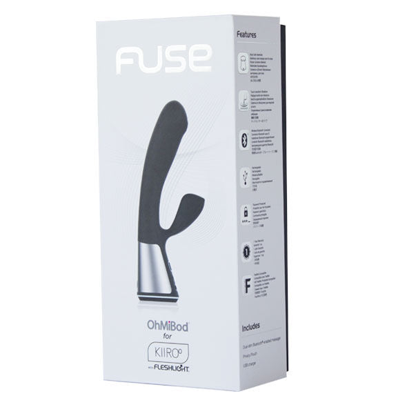 Hvit eske med Kiiroo Fuse interaktiv app rabbit vibrator, som viser en svart og sølv silikon massasjeapparat.