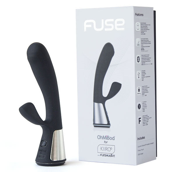 Svart Kiiroo Fuse interaktiv app-vibrator med sølvdetaljer og hvit produkteske.