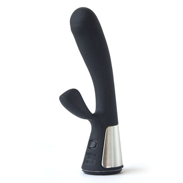 Svart Kiiroo Fuse interaktiv app-vibrator i silikon med sølvfarget base og kontrollknapp.