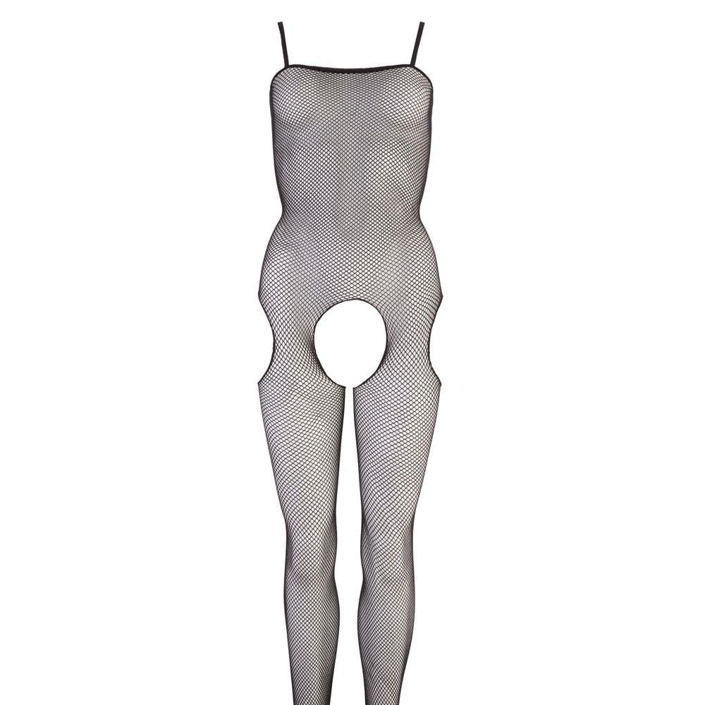 Sort fishnet bodystocking med smale stropper, åpen skritt og utskjæringer på sidene.