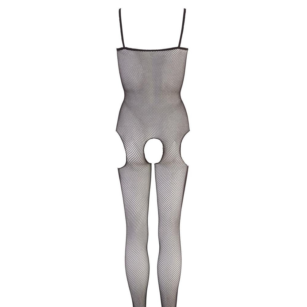 Sort fishnet bodystocking med smale stropper, åpen skritt og utskjæringer på sidene.