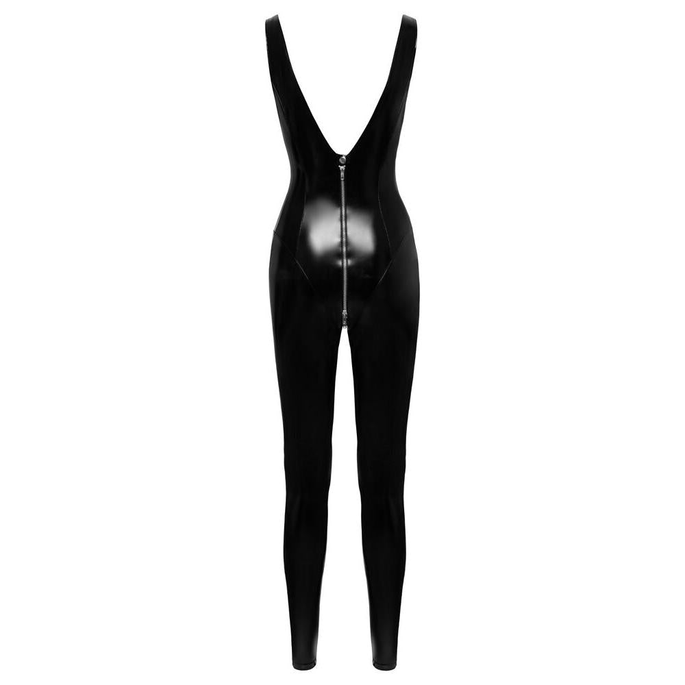 Svart, glinsende lakk catsuit med dyp V-utringning og lang glidelås foran.
