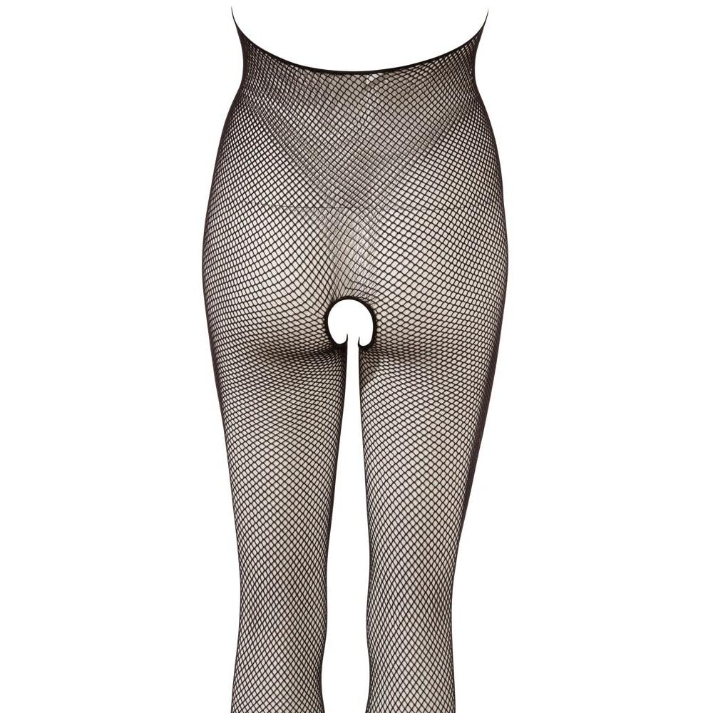 Svart Dristig Fishnett Bodystocking med åpen skritt og elastisk nettingstoff.