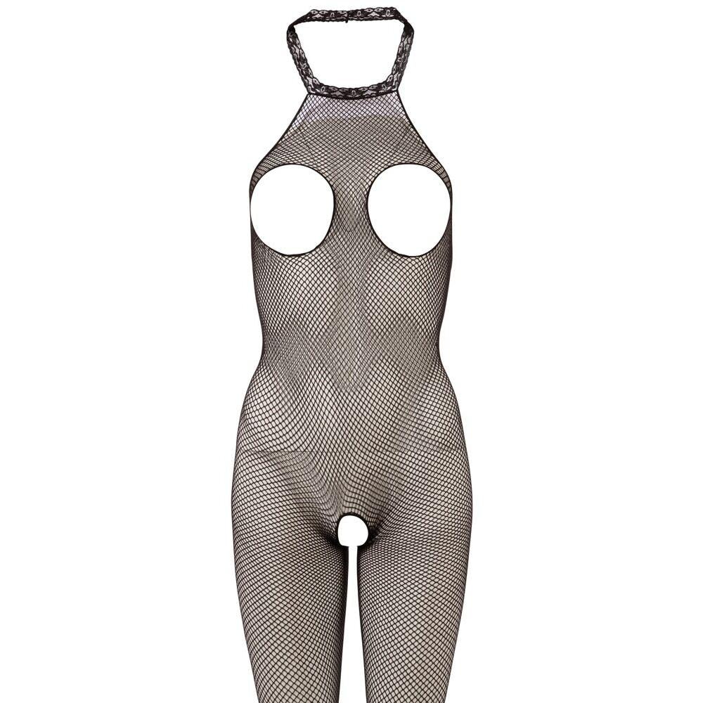 Svart Dristig Fishnett Bodystocking med halterneck, åpne bryster og åpen skritt.