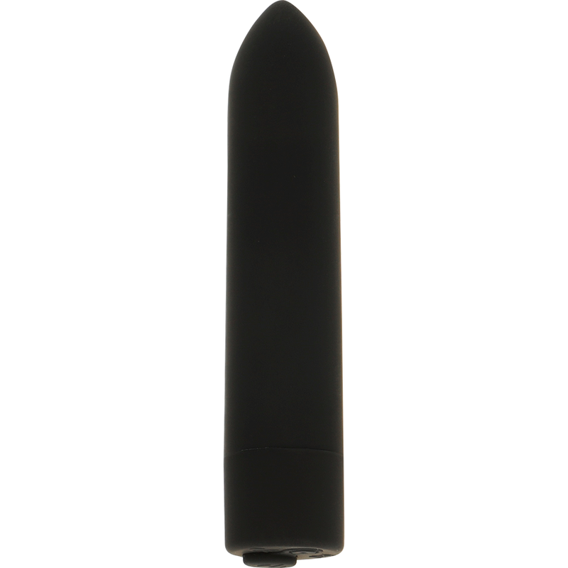 Svart, matt silikon OHMAMA vibrerende bullet klitorisstimulator, 8,5 cm lang, med spiss tupp.