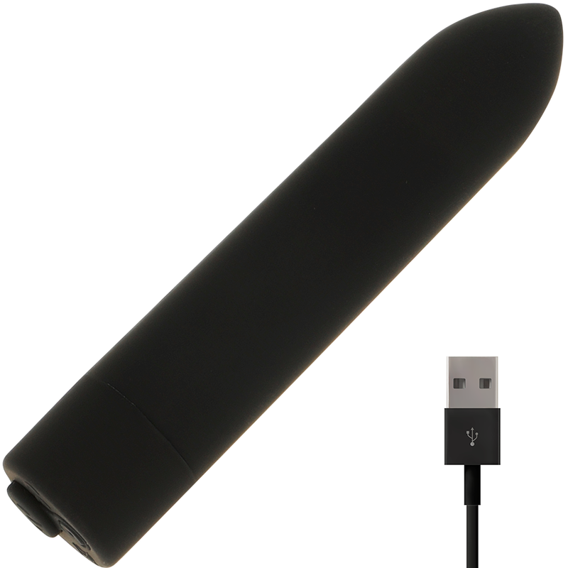 Svart, matt silikon OHMAMA vibrerende bullet klitorisstimulator med USB-ladekabel.