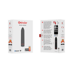Oninder Berlin Bullet vibrator i grå silikon, vist i emballasje med app- og Bluetooth-funksjoner.