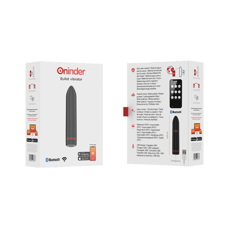 Oninder Berlin Bullet vibrator i grå silikon, vist i emballasje med app- og Bluetooth-funksjoner.