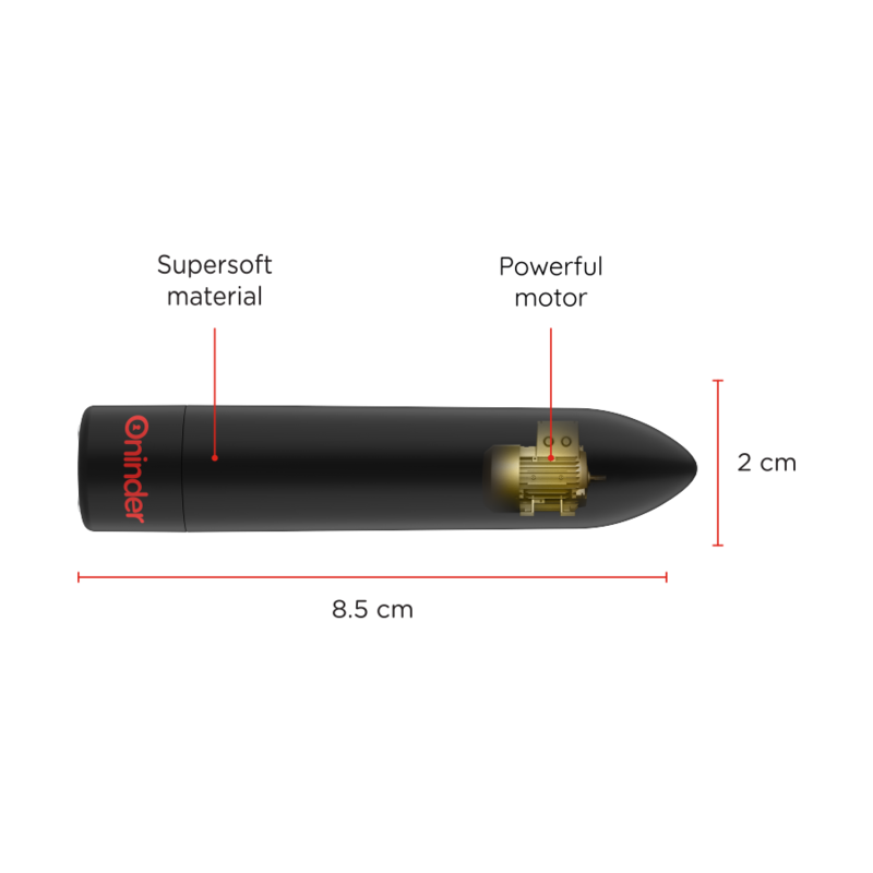 Svart, supersoft Oninder Berlin Bullet klitorisvibrator, 8.5 cm lang, med synlig kraftig motor.