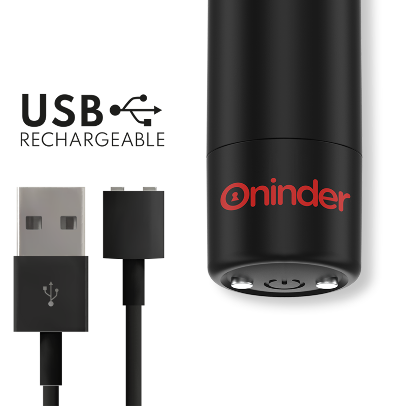 Svart Oninder Berlin Bullet klitorisvibrator med rødt logo, magnetisk USB-ladekabel og ladeindikatorer.