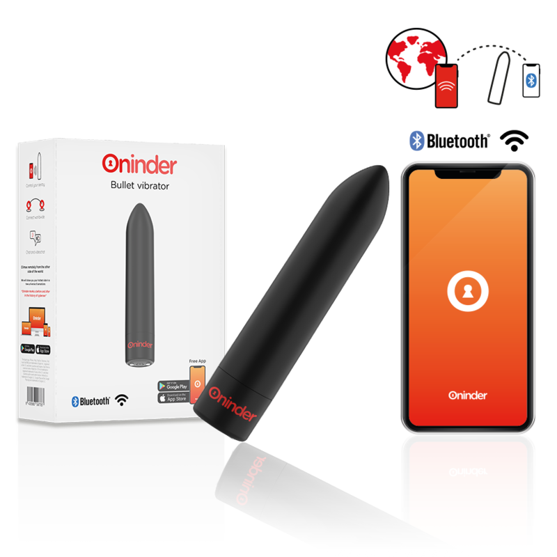 Svart Oninder Berlin Bullet klitorisvibrator, elegant og kompakt, med tilhørende emballasje og app-grensesnitt.