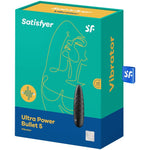 Satisfyer Ultra Power Bullet 5 klitorisvibrator i svart, diamantrillet silikon, vist ved siden av sin grønne og gule emballasje.