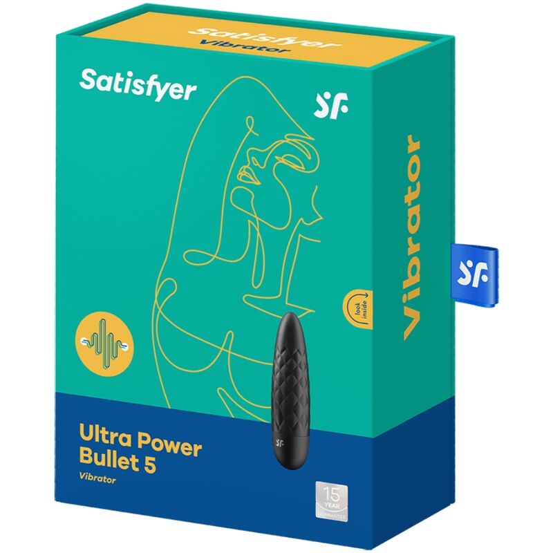 Satisfyer Ultra Power Bullet 5 klitorisvibrator i svart, diamantrillet silikon, vist ved siden av sin grønne og gule emballasje.