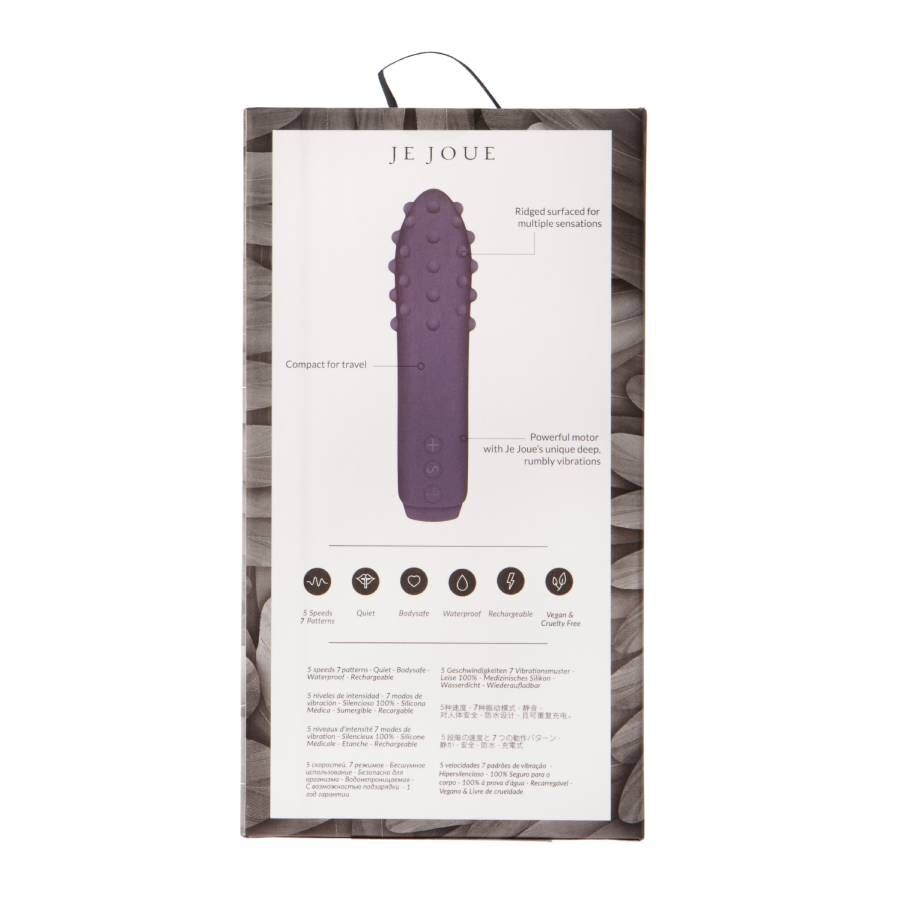 Je Joue Duet Bullet Vibrator i lilla silikon, vist i sin emballasje med produktfunksjoner.
