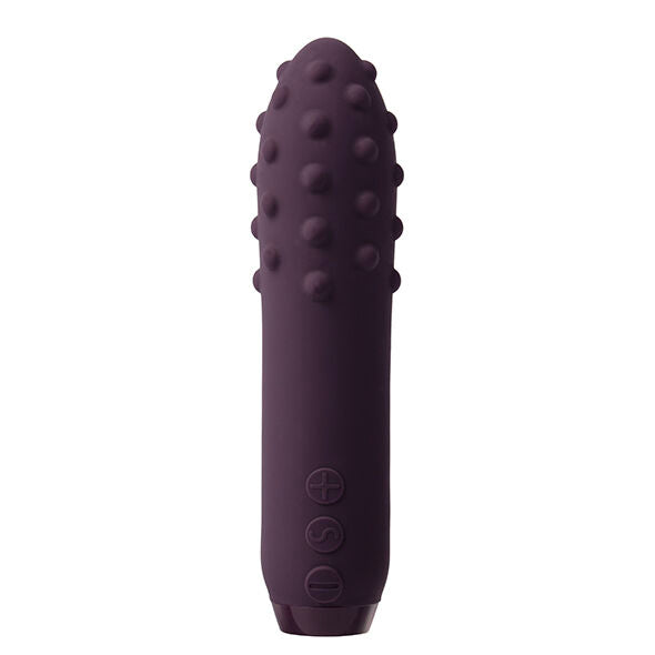 Mørk lilla Je Joue Duet bullet vibrator i medisinsk silikon med teksturert spiss og kontrollknapper.