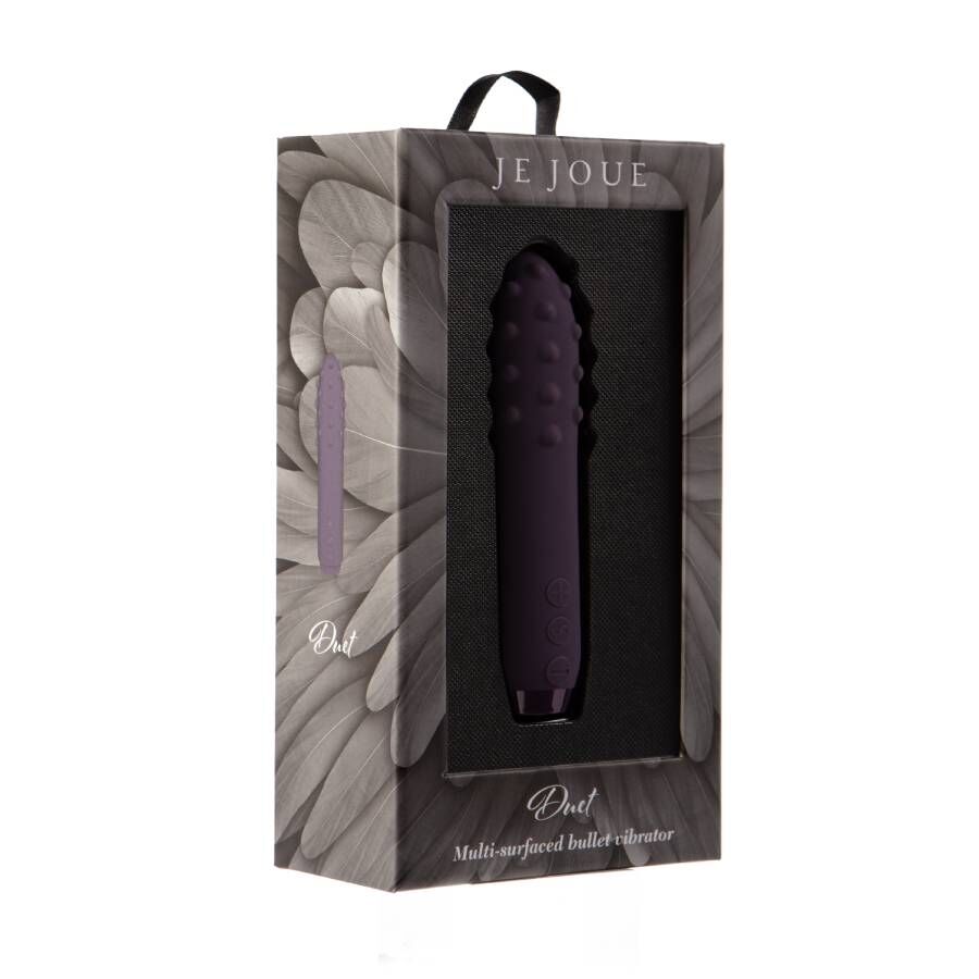 Lilla Je Joue Duet bullet vibrator i åpen eske, med teksturert og glatt silikonoverflate.