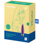 Satisfyer Ultra Power Bullet 5 lilla klitorisvibrator i medisinsk silikon, vist foran sin gule og blå emballasje.