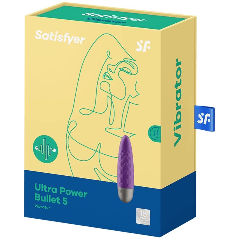 Satisfyer Ultra Power Bullet 5 lilla klitorisvibrator i medisinsk silikon, vist foran sin gule og blå emballasje.