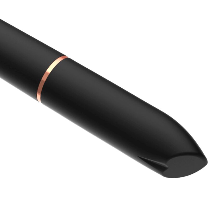 Svart, matt bulletvibrator med diskré leppestiftform og en kobberfarget ring.