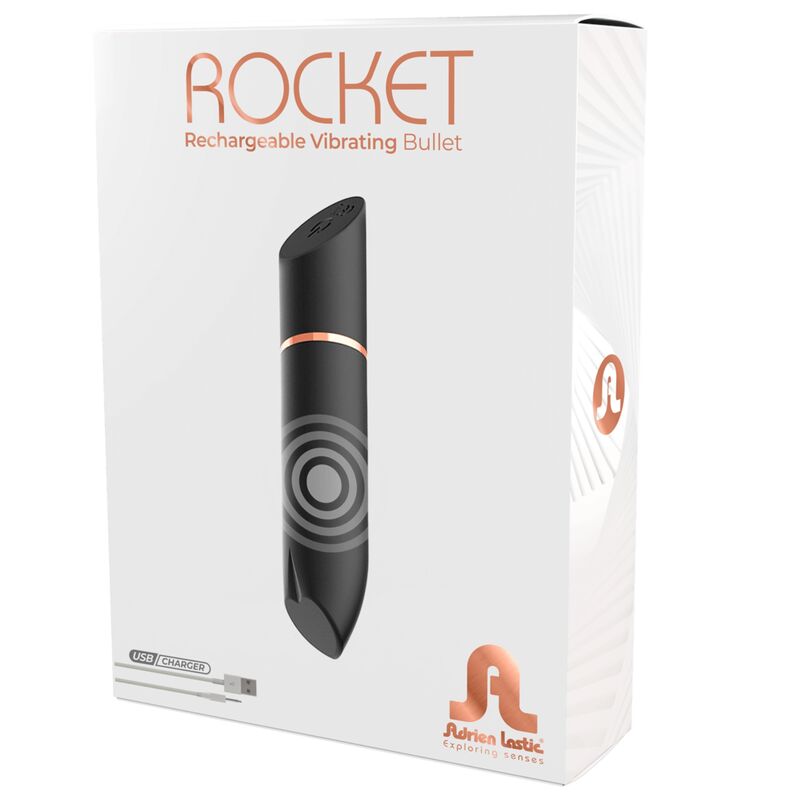 Rocket Black oppladbar klitorisvibrator i leppestiftform, med rosegull detaljer og USB-lader.
