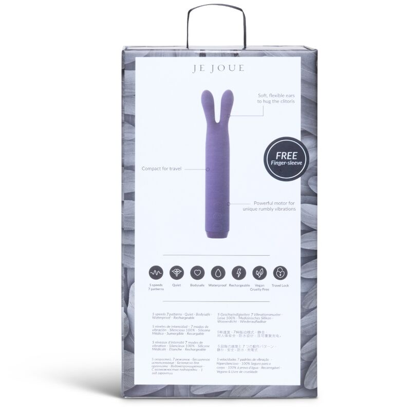 Lilla Je Joue Rabbit Bullet vibrator i emballasje, med myke ører og "FREE Finger-sleeve" klistremerke.