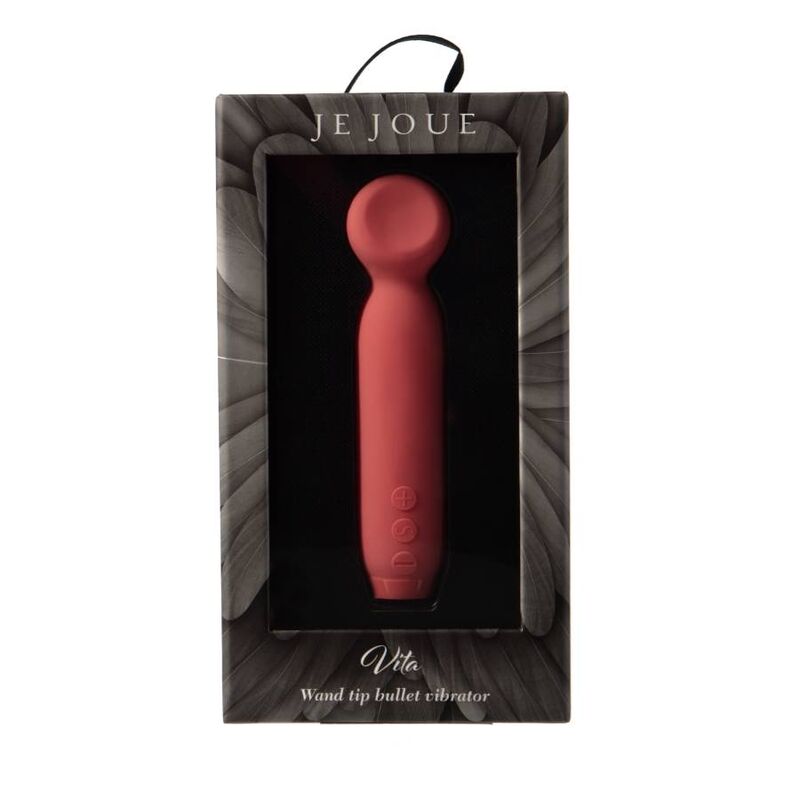 Je Joue Vita Bullet vibrator i matt korallrosa silikon, med avrundet tupp og kontrollknapper, i elegant svart eske.