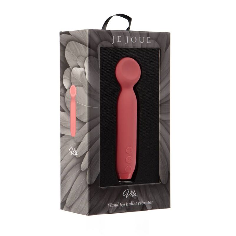 Je Joue Vita Bullet Pink Watermelon vibrator i elegant svart eske med fjærmotiv. Rosa silikonvibrator med avrundet tupp og kontrollknapper.