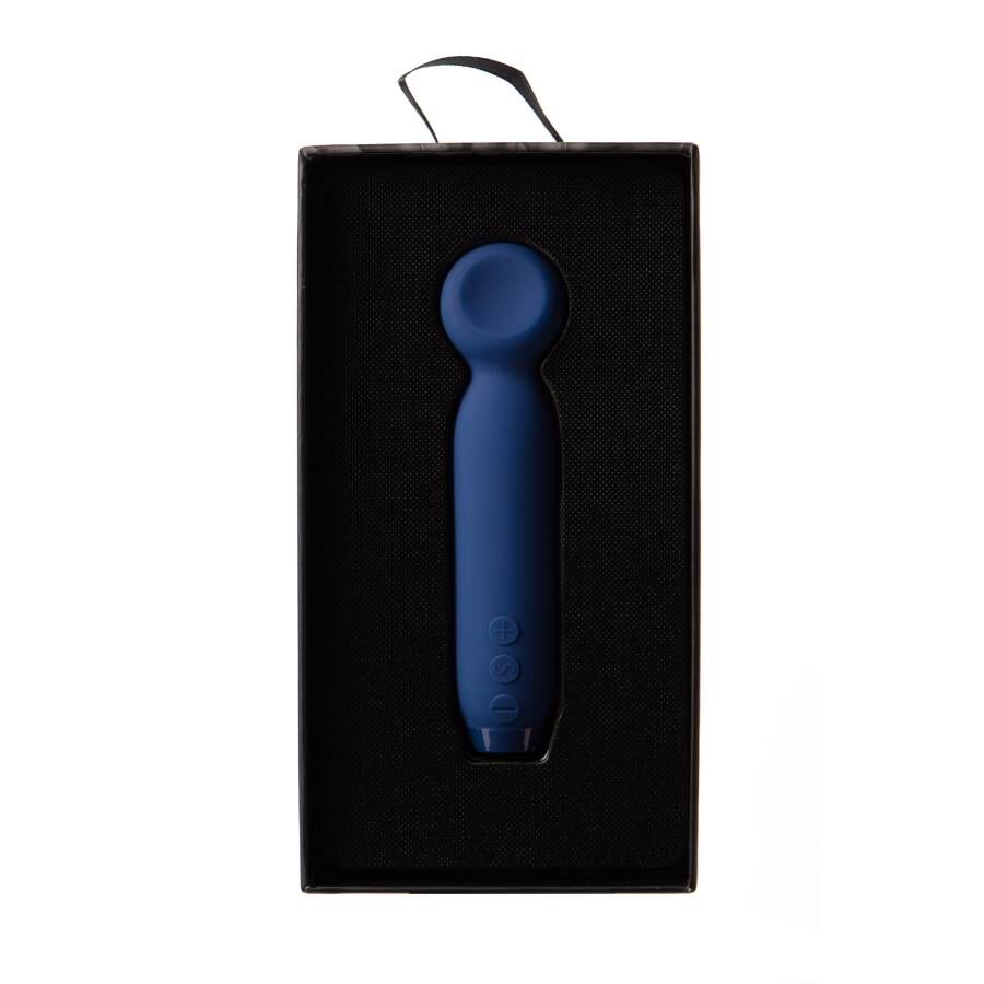 Dyp blå Vita Bullet klitorisvibrator i silikon med rund tupp og kontrollknapper, presentert i en svart eske.