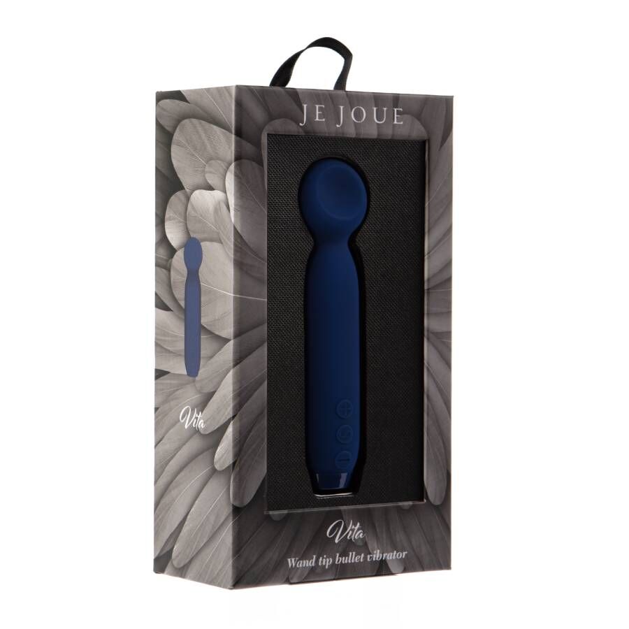 Dyp blå Je Joue Vita Bullet klitorisvibrator i elegant emballasje med blomstermønster.