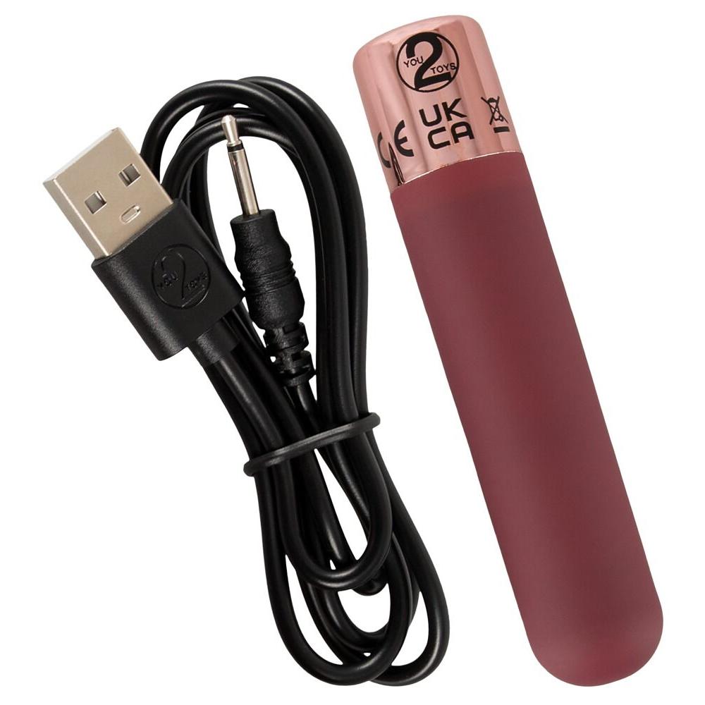 Burgundy bullet vibrator med matt finish og rosegull topp, ved siden av en svart USB-ladekabel.