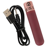 Burgundy bullet vibrator med matt finish og rosegull topp, ved siden av en svart USB-ladekabel.