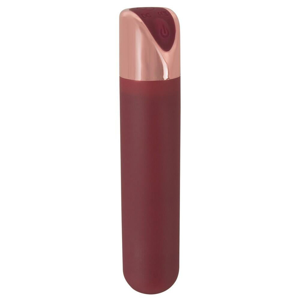 Elegant, mørkerød bullet-vibrator med glatt silikonoverflate og rosegull metalltopp med kontrollknapper.