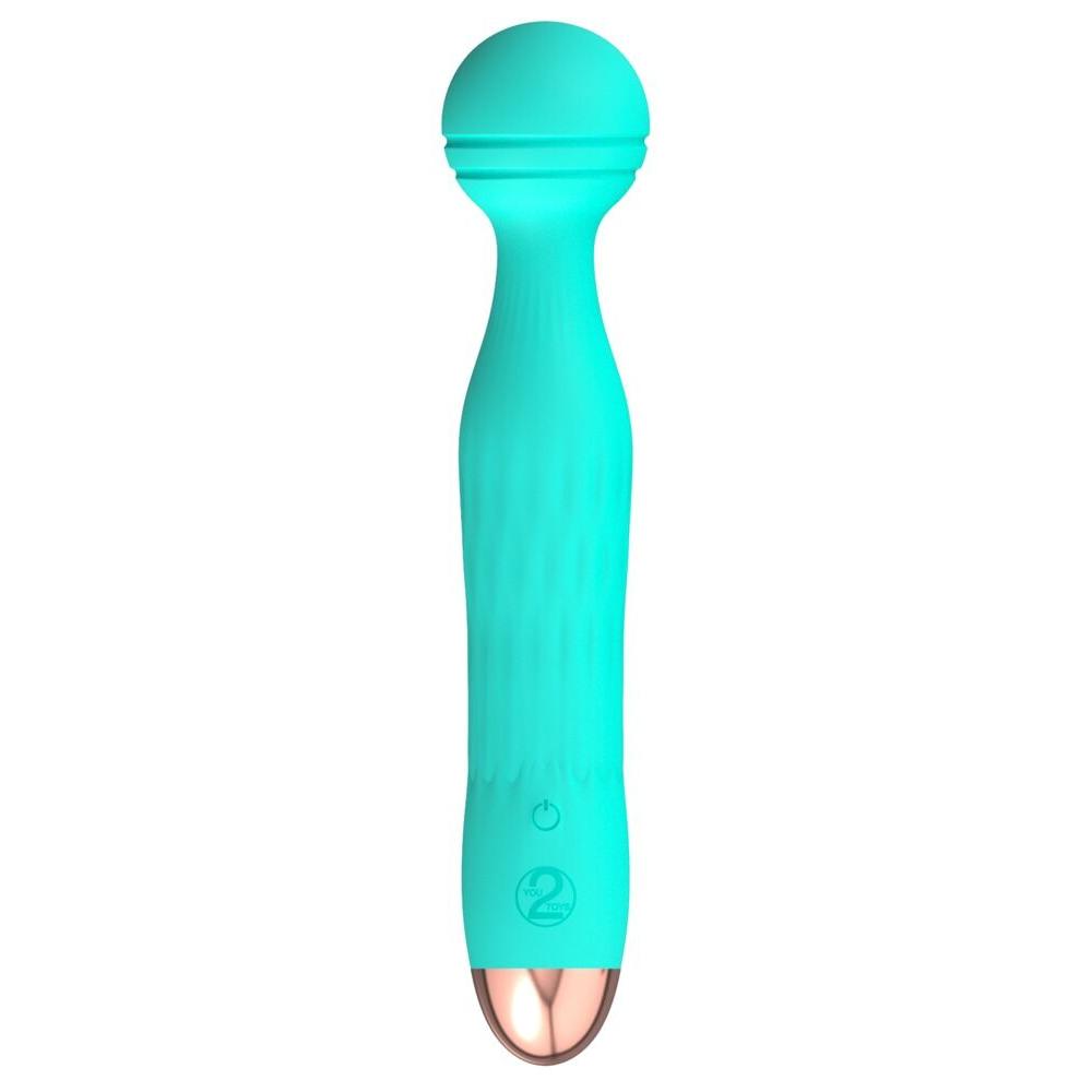 Turkis Cuties AquaVibe klitorisstimulator med rillet silikonkropp, avrundet hode og gullfarget base.