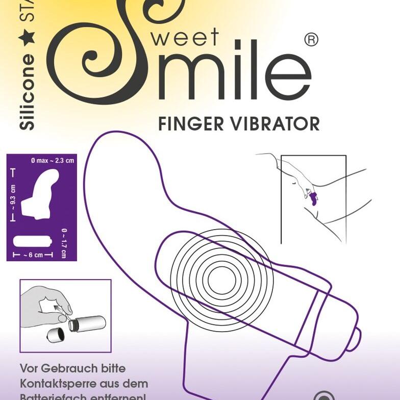 Lilla Sweet Smile silikon fingervibrator med ergonomisk design og størrelsesdiagram.