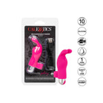 Rosa silikon finger vibrator med kaninører, USB-kabel, og sølvfarget base, vist i emballasje og løs.