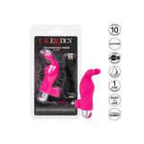 Rosa silikon finger vibrator med kaninører, USB-kabel, og sølvfarget base, vist i emballasje og løs.