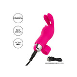 Rosa silikon finger vibrator med kaninører, sølv base og USB ladekabel.