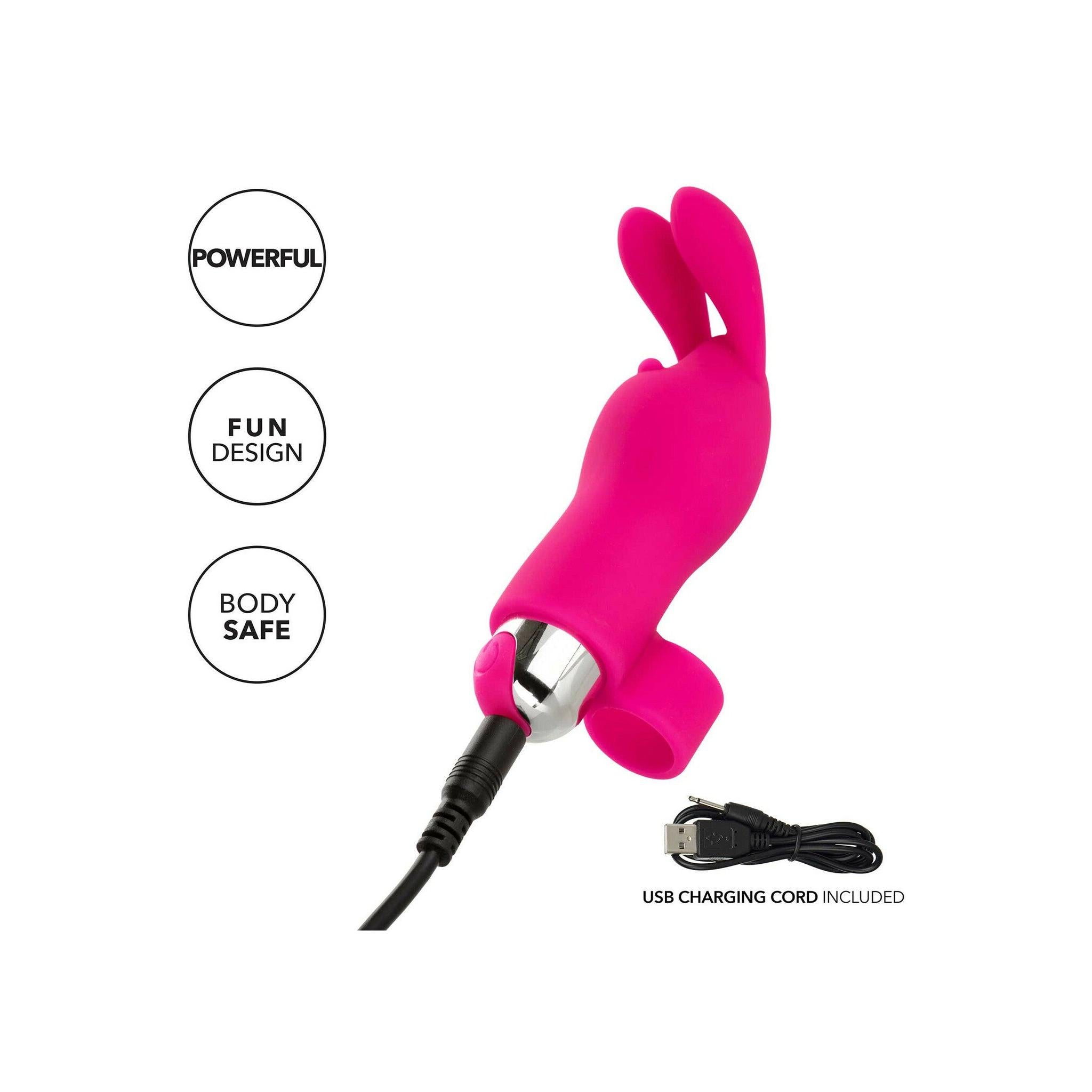 Rosa silikon finger vibrator med kaninører, sølv base og USB ladekabel.