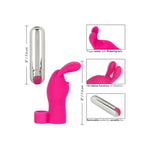 Rosa silikon finger vibrator med kaninører og uttakbar sølv bullet vibrator, 7.5 cm lang.