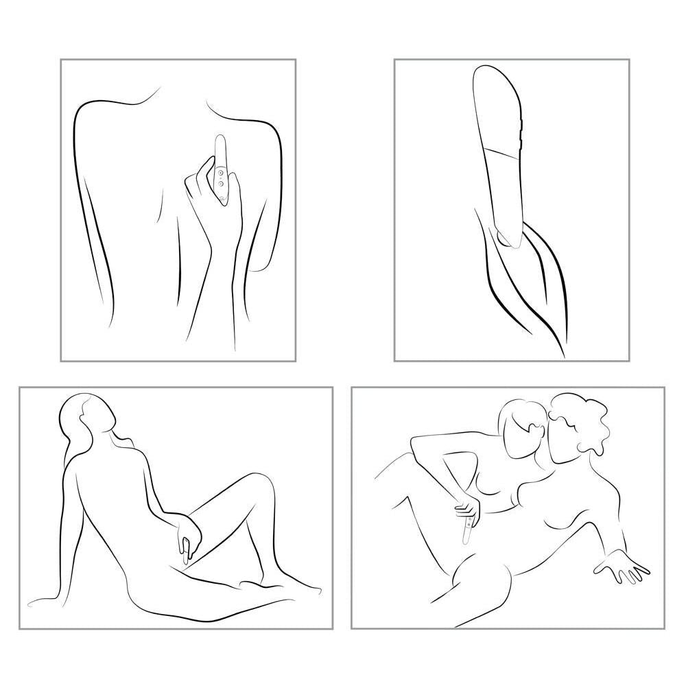 Fire illustrasjoner som viser en rød We-Vibe Tango X klitorisstimulator i bruk på ulike måter.