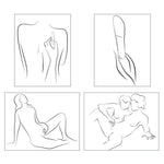 Fire illustrasjoner som viser en blå Tango X klitorisvibrator i bruk for solo og par nytelse.