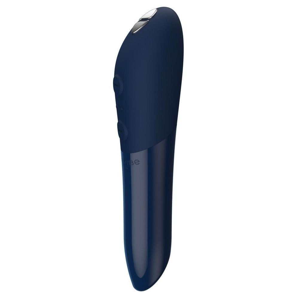 Blå We-Vibe Tango X klitorisvibrator i silikon med metallisk tupp og kontrollknapper.